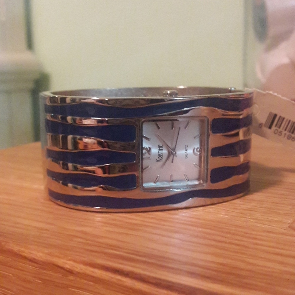 Blue & Silver Striped Cuff Watch